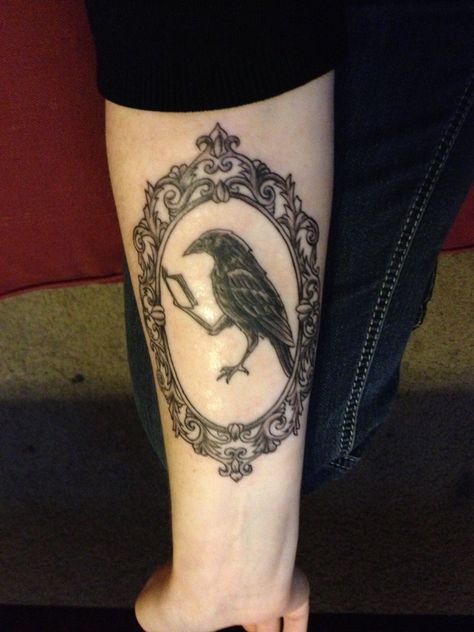 Bookish Raven in Frame - Tattoo by Alain, Euphoria Tattoos, Tallahassee, FL Gothic Frame Tattoo, Picture Frame Tattoo, Euphoria Tattoo, Frame Tattoo, Framed Tattoo, Friends Picture Frame, Crow Tattoo, Raven Tattoo, Friend Pictures Poses