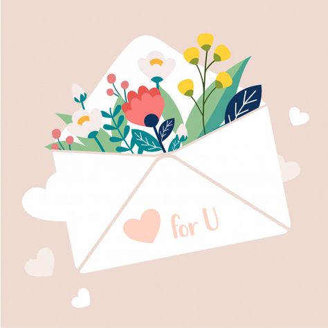 Love Letter Illustration, Bouquet Of Flowers Illustration, Mail Illustration, Flower Bouquet Illustration, Letter Drawing, Letter Aesthetic, Heart Vector Illustration, Letter Illustration, Flower Vector Illustration