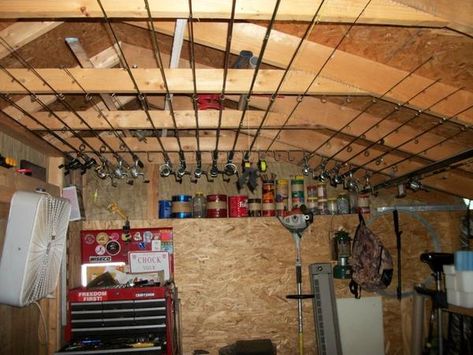 garage ceiling ideas | Be who you are and say what you feel ... because those that matter ... Mechanics Shop Organization, Rod Storage Ideas, Hunting Storage, Fishing Pole Storage, Fishing Shack, Fishing Rod Storage, Gear Storage, Shed Organization, Fishing Room