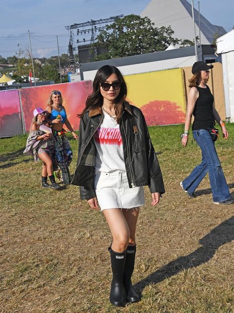 Glastonbury Outfits 2023, Rainy Festival Outfit, Gemma Chan Style, Glastonbury Outfits, London Wardrobe, Glastonbury Fashion, Gemma Chan, Embellished Denim Jacket, Waxed Cotton Jacket