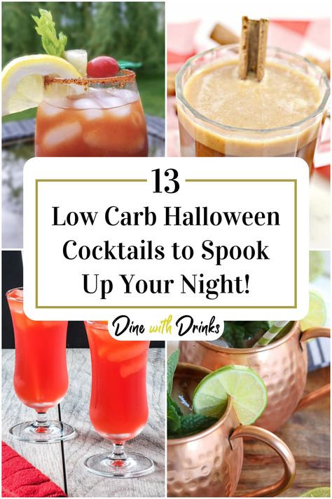 Collage of 4 low carb halloween cocktails. Halloween Punch Alcohol, Cocktails Healthy, Low Carb Alcoholic Drinks, Halloween Alcohol, Sugar Free Cocktails, Halloween Punch Recipes, Halloween Party Food, Low Carb Cocktails, Halloween Punch