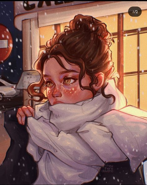 Cold Drawing Winter, Christmas Pfp Drawing, Winter Girl Drawing, Winter Pfp Anime, Christmas Girl Drawing, Winter Girl Illustration, Cute Winter Drawings, Snow Pfp, Christmas Lights Drawing