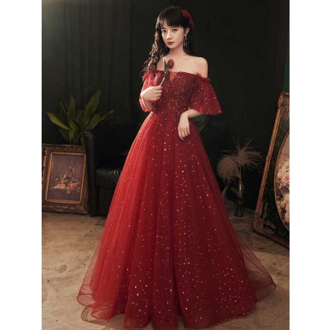 Cabernet Prom Dress, Red Prom Dresses Off The Shoulder, Red Prom Dresses With Sleeves, Prom Dresses Masquerade Theme, Fancy Dresses Red, Maroon Prom Dresses, Dark Red Prom Dresses, Prom Dresses Midi, Red Prom Dress Sparkly