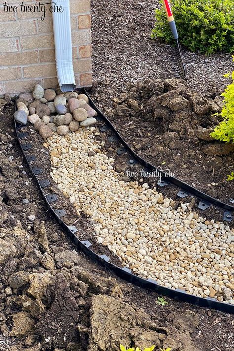 Dry Creek Bed Landscaping - DIY Rainscaping Creek Bed Landscaping, Rock Drainage, Dry Riverbed Landscaping, Downspout Drainage, Small Garden Waterfalls, Small Garden Design Ideas, Landscape Drainage, Outdoor Improvements, Outdoor Decor Ideas