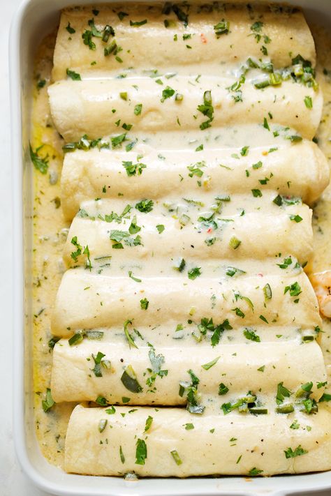 Loaded Enchiladas, Poblano Shrimp, Creamy Poblano Sauce Recipe, Weeknight Enchiladas, Creamy Shrimp Enchiladas, Shrimp Enchiladas Recipes, Seafood Enchiladas Recipe, Poblano Cream Sauce, Seafood Enchiladas