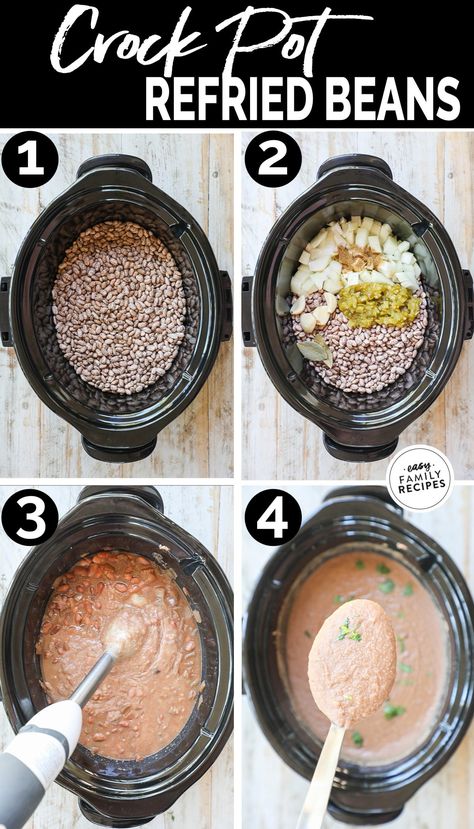 Making Refried Beans from scratch is easier than you think! With just a slow cooker, dried pinto beans and a handful of ingredients. This easy crockpot refried beans recipe cooks away all day giving you tons of flavor with no effort! This easy refried beans recipe feeds a crowd and is a great healthy side dish to add to any Mexican inspired meal. Try it with burritos, tacos, enchiladas, tostadas and more! Tacos With Refried Beans And Ground Beef, Refried Beans Casserole, Refried Beans Crockpot, Making Refried Beans, Easy Refried Beans Recipe, Crock Pot Refried Beans, Authentic Refried Beans, Refried Beans From Scratch, Refried Beans Recipe Easy