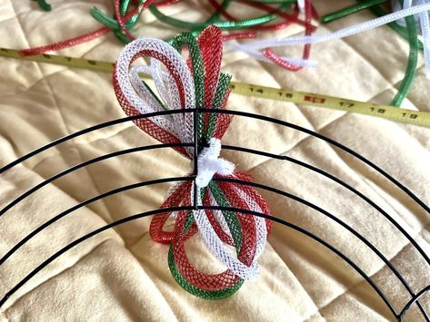 Mesh Tube Christmas Wreath From Dollar Tree Supplies - Katieish Deco Mesh Candle Ring Tutorial, 3d Wreaths, Mesh Candle Rings, Mesh Tubing Wreath, Mesh Ribbon Wreaths, Deco Mesh Wreaths Tutorials, Winter Wreath Diy, Dollar Store Christmas Crafts, Diy Christmas Wreaths Ideas