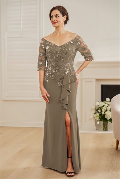 K248058_Magnificent Stretch Soft Crepe and Adeline Sequin Lace Fit & Flare Gown with Portrait Neckline and Sequined Elbow Length Sleeves Principal Sponsor Dress For Wedding, Portrait Neckline, Pink Gown, Flare Gown, Idea Style, Pink Gowns, Mothers Dresses, Mother Of The Groom, Elbow Length Sleeve