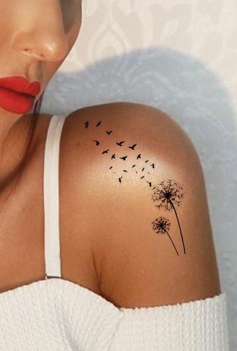 Rose Rib Tattoos, Bird Shoulder Tattoos, Dandelion Tattoo Design, Delicate Flower Tattoo, Blowing Dandelion, Sunflower Tattoo Shoulder, Tattoo Placements, Small Shoulder Tattoos, Watercolor Tattoo Flower