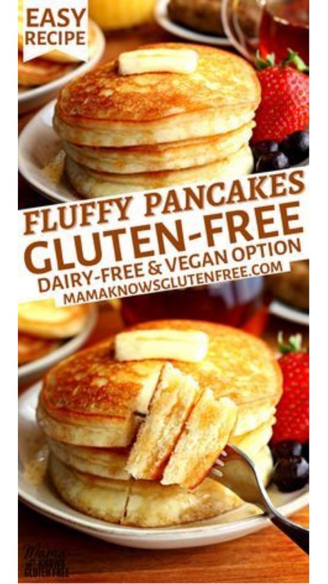 An easy gluten-free pancake recipe with a dairy-free and Vegan option. A gluten-free pancake mix that makes fluffy pancakes every time! Gluten Free Pancake Mix Recipe, Gluten Free Dairy Free Pancakes, Easy Gluten Free Breakfast, Gluten Free Pancake Recipe, Gluten Free Pancakes Easy, Dairy Free Pancake Recipe, Vegan Gluten Free Pancakes, Gluten Free Pancake, Gluten Free Pancake Mix