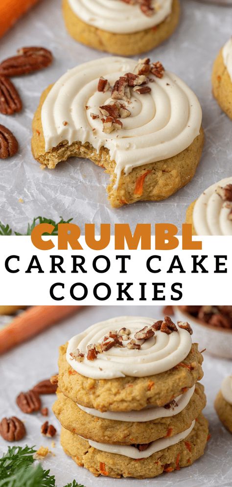 These crumbl carrot cake cookies taste just like a holiday carrot cake slice. They are perfectly spiced then topped with homemace cream cheese frosting. Carrot Cake Cookies Recipe, Crumble Cookie Recipe, Carrot Cookies, Carrot Cake Cookies, Cookie Cake Recipe, Gourmet Cookies, Lost 100 Pounds, Fun Baking Recipes, Copycat Recipe