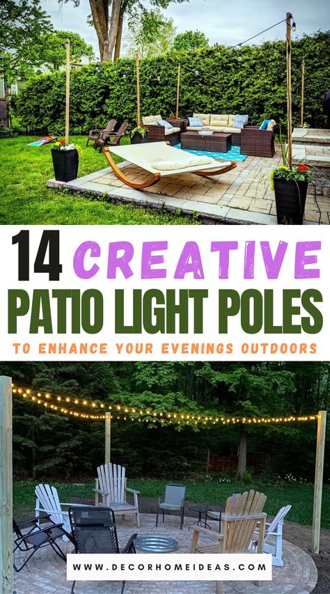 best DIY patio light poles ideas Diy Patio Light Poles, Patio Light Poles, Backyard Ambiance, Garden Decks, Backyard String Lights, Diy String Lights, Fire Pit Landscaping, Patio String Lights, Patio Fire Pit