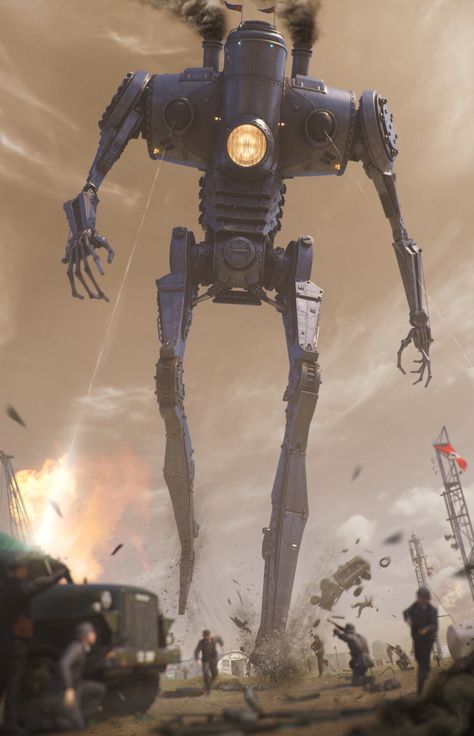 ArtStation - BOO-HOO a giant robot is storming the base :(, Alessandro Baldasseroni Dystopian Art, Steampunk Robot, Vintage Robots, Retro Robot, Arte Robot, Giant Robots, Science Fiction Art, Robots Concept, Robot Design