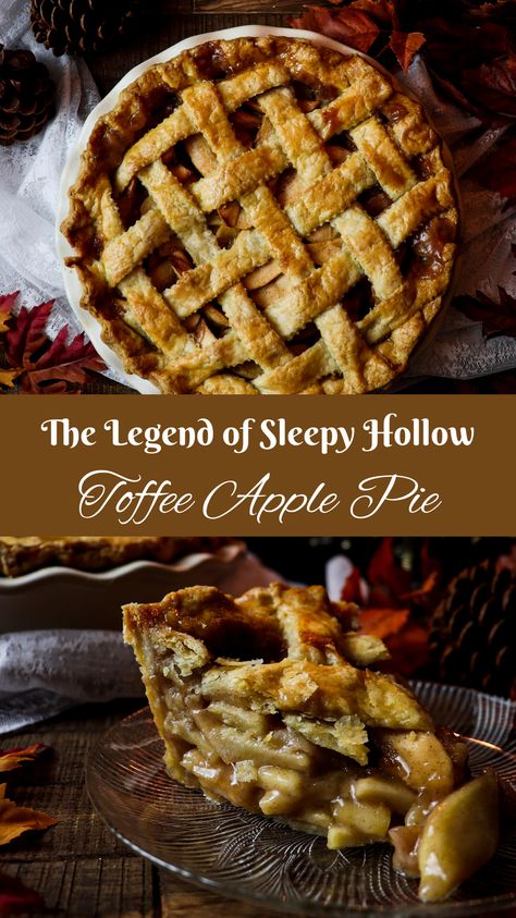 Autumn Torte Rustica, Toffee Apple Pie Recipe, Fancy Fall Recipes, Mabon Apple Pie, Sleepy Hollow Party Food, Apple Pie Custard, Autumn Apple Desserts, Game Of Thrones Dessert, Sleepy Hallow Recipes