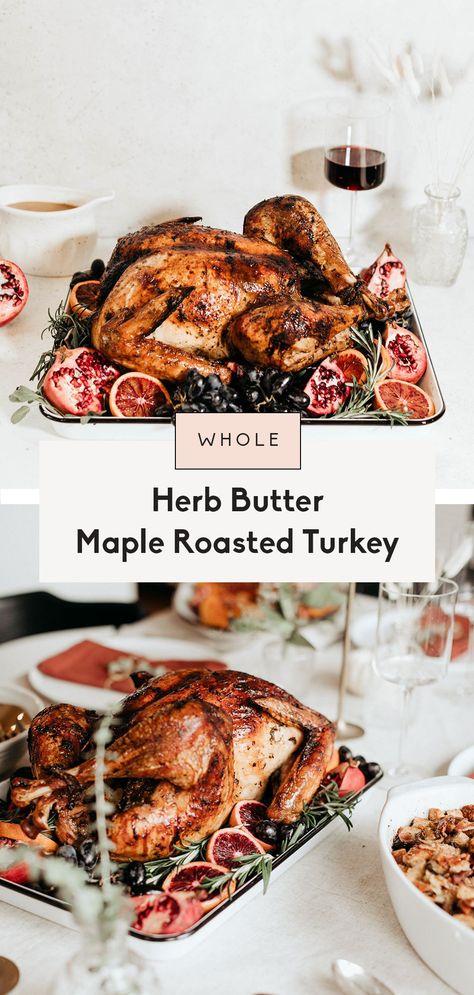 Incredible maple roasted turkey made with a savory herb butter and plenty of sweet pure maple syrup flavor. This whole turkey recipe is perfect for your Thanksgiving table and easy to make thanks to this step-by-step guide on how to cook a turkey! Easy Turkey Brine, Turkey Brine Recipe, Whole Turkey Recipes, Cook A Turkey, Turkey Brine Recipes, Roast Turkey Recipes, Brine Recipe, Ambitious Kitchen, Whole Turkey