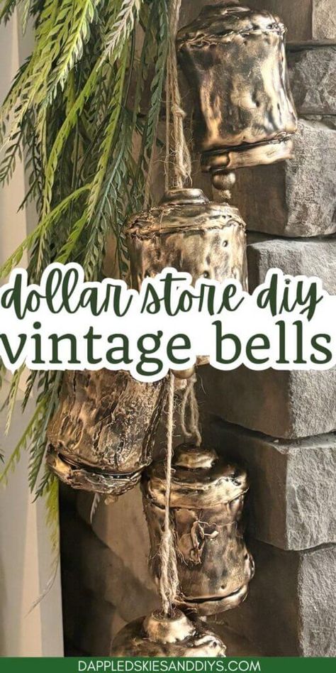 Looking for a way to make homemade Christmas bells? Well then, check out these DIY hanging brass bells using Dollar Tree supplies! Brass Bells Hanging Decor / DIY Christmas Bells / Vintage Brass Bells Christmas Bells For Wreath, Using Bells In Christmas Decor, Christmas Decor Ideas Using Bells, Sleigh Bell Christmas Tree, Bells Hanging From Mantle, Gold Christmas Bells Decorations, Bell Christmas Tree Topper, Metal Bells Christmas, Christmas Bells Decorations Ideas