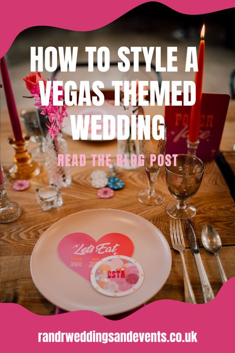 A image of a table design with pink plates and love heart place cards. Table filled with disco balls and poker chips. Las Vegas, Old Vegas Wedding Theme, Las Vegas Themed Bridal Shower Ideas, Las Vegas Wedding Theme, Vegas Themed Wedding Reception, Las Vegas Wedding Decor, Vegas Theme Wedding, Retro Vegas Wedding, Vegas Wedding Party