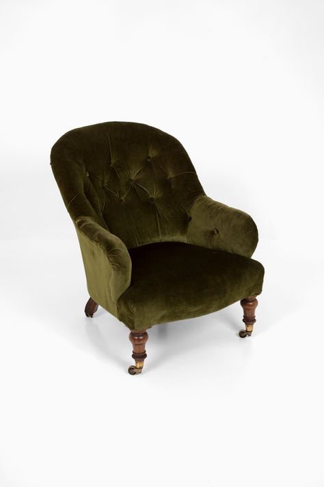 Delightful Victorian button back country house armchair. In original condition, with the original rich green velvet upholstered seat and button back over mahogany legs with original brass castors. Comfortable and full of character, we chose not to reupholster as the green velvet is too gorgeous. Condition is consistent with age and use. British, circa 1880. Cottage Armchair, Hobbit Bedroom, Green Armchair Aesthetic, Velvet Armchair Vintage, Edwardian Garden, Victorian Country House, Green Velvet Armchair, Rolled Arm Chair, Green Armchair