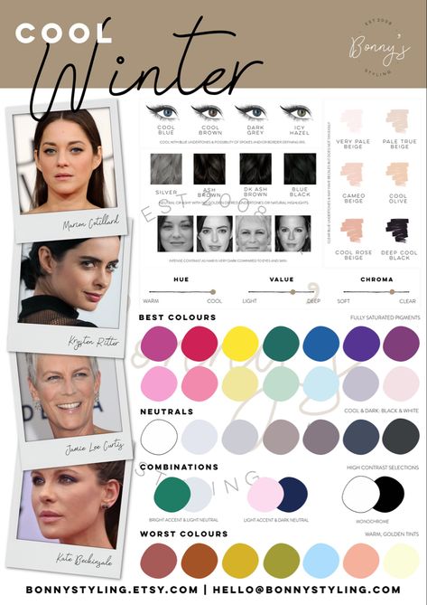 A Color palette for people with cool winter colouring Winter Color Analysis, Color Analysis Winter, Winter Skin Tone, True Winter Color Palette, Deep Winter Palette, Cool Winter Color Palette, Deep Winter Colors, Shingle Colors, Clear Winter