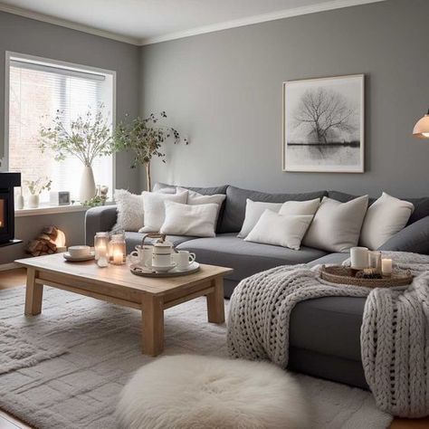 Gray Sofa Styling Inspiration.#gray #sofa #decor #pillows #idea Grey And White Decorating Ideas, Living Room Grey And Cream, Apartment Decor With Gray Couch, Grey Home Inspiration, Grey Loveseat Living Room Ideas, Living Room Grey Designs, Grey Sofa And Wood Living Room, Grey Walled Living Room, Pale Grey Living Room Walls