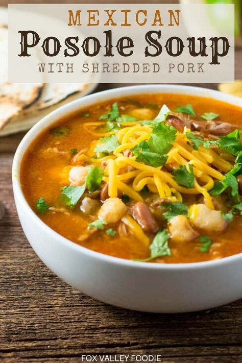 A long, slow cook on the pork creates a tender and mouthering filling for this Mexican posole soup. By far, my most favorite soup! Its filled with cumin, lime and cilantro, and can easily be transformed into a burrito too! #mexican #soup #posole #shreddedpork #stew #dinner Healthy Posole Soup, Posole Soup Mexican, Pazole Soup Mexican Posole Pork Easy, Leftover Pork Carnitas Soup, Soup Using Pork Roast, Pork Crockpot Soup Recipes, Pazole Soup Mexican Posole Pork Crockpot, Mexican Pork Soup Recipes, Pazole Soup Beef