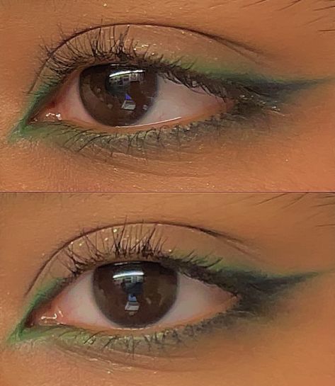 Fun Makeup Ideas Green, Tinkerbell Makeup Look, Smoky Makeup Brown Eyes, Green Ball Makeup, Green Eyeliner Makeup Brown Eyes, Green Leaf Makeup, Light Green Dress Makeup Ideas, Green Costume Makeup, Luigi Makeup Halloween