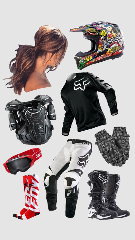 dirt biking￼ Dirt Bike Outfits Woman, Dirt Bike Aesthetic, Womens Dirt Bike Gear, Bike Outfits Women, Biking Outfits, Dirt Bike Riding Gear, Dirt Bike Gear, Dirt Biking, Bike Aesthetic