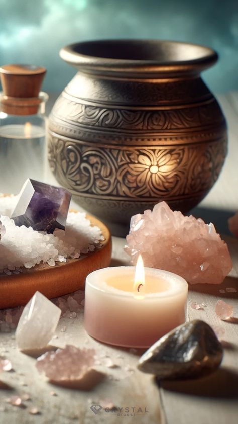 Step into the serene space of a crystal healer with this beautifully composed image. The gentle flame of the candle casts a soft light, enhancing the natural beauty of the crystals, while the jar adds an element of ancient wisdom. This setting is a perfect representation of a crystal healer's sanctuary, where spiritual healing are the essence of the environment. Candle Crystal Aesthetic, Healer Aesthetic Magic, Happy Inspiration, Witchy Wallpaper, Crystal Healer, Spiritual Crystals, Spiritual Healer, Show Room, Crystal Magic