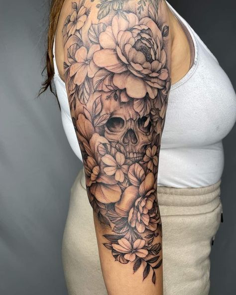 Skull And Rose Tattoo Sleeve For Women, Skull Ripping Through Skin Tattoo, Skull On Shoulder Tattoo, Skull And Flower Sleeve Tattoo, Skull Female Tattoo, Feminine Skull Tattoo Sleeve, Skull Sleeve Tattoos For Women, Skull And Sunflower Tattoo, Half Woman Half Skull Tattoo