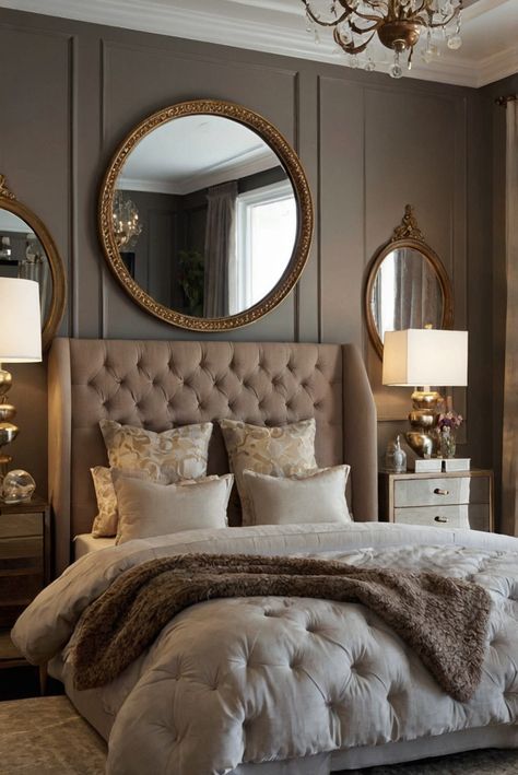 Interior design, bedroom decor, wall paint, home decoration Side Table With Mirror Above, Mirror For Nightstand, Mirror Wall Bedroom Behind Bed, Mirrors On Each Side Of Bed, Round Mirror Over Bed, Bedroom Ideas With Mirrors, Mirrors Behind Bed, Mirrors Over Bed, Mirror Over Nightstand Bedroom