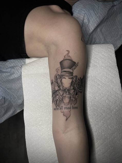 Alice And Mad Hatter Tattoo, Johnny Depp Mad Hatter Tattoo, Alice In Wonderland Mad Hatter Tattoo, We’re All Mad Here Tattoos, Jabberwocky Tattoo, Were All Mad Here Tattoo, Mad Hatter Tattoo Ideas, We're All Mad Here Tattoo, Tattoo Alice In Wonderland