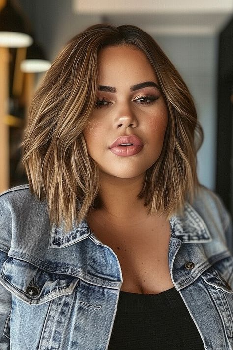 25 Stunning Long Haircuts Perfect for Plus Sized Women Round Face Lob With Bangs, Plus Size Women’s Haircuts, Curvy Bob Haircut, Cool Mom Haircut Long Bobs, Fine Hair Cuts Medium Length, Short Hair Styles Plus Size, Fall Hair For Plus Size Women, Plus Size Chin Length Hair, Over The Shoulder Haircut With Layers