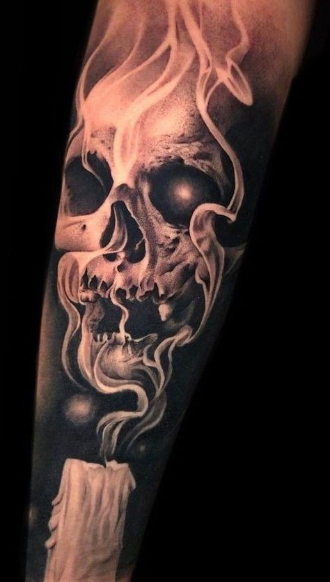 Male Skull Tattoo, Demon Sleeve Tattoo For Men, Pay Me Tattoo, Big Skull Tattoo Designs, Soft Skull Tattoo, Skull With Candle Tattoo, Tattoo Ideas For Men Skull, Evil Tattoos For Men, Skull Arm Tattoo Men