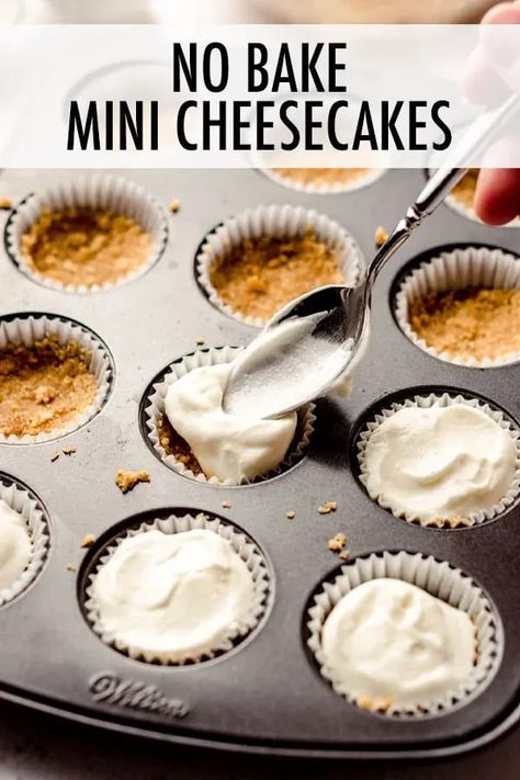 These no bake mini cheesecake bites with crunchy graham cracker crusts are perfect for when you don't want to turn on the oven or just want to whip up quick bites of cheesecake for individual servings. Top with your favorite sauces, curds, jams, fruits, or whipped cream. | no bake mini cheesecake bites recipe | no bake mini strawberry cheesecake bites | mini desserts easy no bake cheesecake bites | mini cheesecake bites recipes | mini cheesecake bites easy | mini cheesecake bites no bake No Bake Mini Cheesecake, No Bake Cheesecake Bites, Mini No Bake Cheesecake, Small Cheesecakes, Mini Strawberry Cheesecake, Mini Cheesecakes Easy, Mini Cheesecake Bites, Individual Cheesecakes, Strawberry Cheesecake Bites