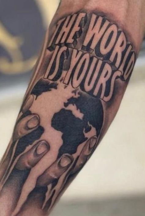 Road To Success Tattoo, Money Makes The World Go Round Tattoo, Against The Odds Tattoo, Hustle In Silence Tattoo, No Hear No See No Speak Tattoo, Cold World Tattoo, Hustler Tattoos Men, Savage Tattoo For Men, The World Is Yours Tattoo Stencil