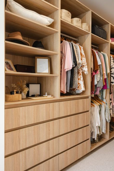 Japandi Closet Design, Primary Bedroom Storage, Primary Closet Ideas, Green Walk In Closet, Japandi Closet, Dream Family Home, Primary Closet, Walk In Wardrobe Design, Modern Coastal Farmhouse