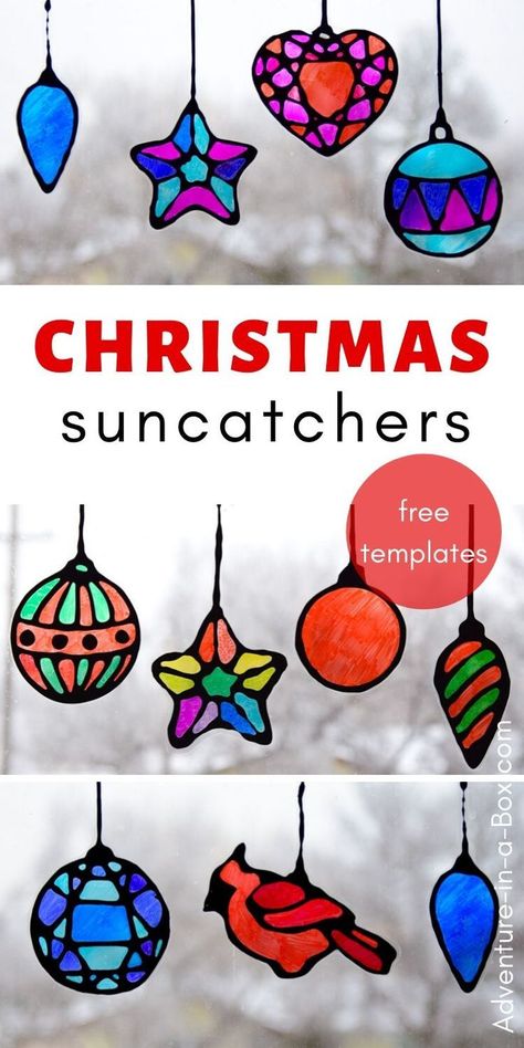 Make stained glass Christmas suncatchers from recyclables with kids! This winter craft comes with four pages of Christmas ornament free printable templates. Stained Glass Christmas Coloring Pages, Oshc Activities, Christmas Suncatchers, Coop Art, Snowflakes Patterns, Makerspace Ideas, Xmas Window, Diy Staining, Free Printable Templates