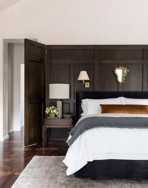 Marie Flanigan Interiors, Marie Flanigan, Arm Wall Light, Masculine Bedroom, Wingback Bed, Primary Bedroom, Interior Design Trends, Bedroom Inspo, Wood Paneling