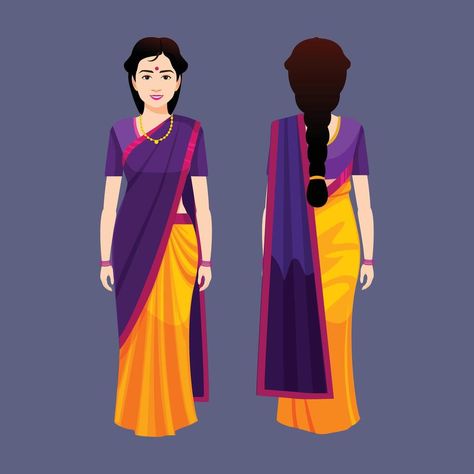 Saree Lady Drawing, Saree Illustration Digital, Woman In Saree Sketch, Sari Illustration Indian, Laxmi Goddess, Side Face Drawing, Indian Women Vector Illustration, Women Vector, Free Cartoon Characters