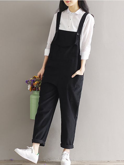 Preppy Style Spring, Overalls For Women, Pocket Jumpsuit, Black Overalls, Kawaii Fashion Outfits, Casual Day Outfits, Easy Trendy Outfits, Women Hoodies Sweatshirts, Korean Outfits