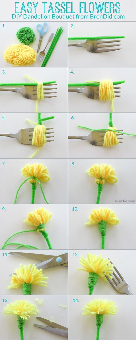 Easy Tassel Flowers: DIY Dandelion Bouquet | http://brendid.com/easy-tassel-flowers-diy-dandelion-bouquet/ Mothers Day Crafts, Kunst For Barn, Kerajinan Diy, Diy Flores, How To Make Tassels, Fleurs Diy, Diy Bricolage, Diy Simple, Flowers Diy