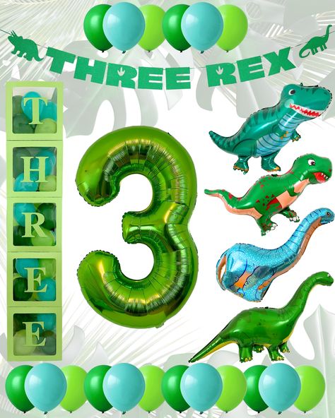 PRICES MAY VARY. Polyester Imported Set Includes:  1) 1x green “THREE REX” pre-strung, no-shed glitter banner  2) 5x light green balloon boxes that say “THREE”  3) 40x 5” latex balloons [dark green, teal] to put inside the balloon boxes  4) 1x 40" lime green number "3" foil balloon fillable with air or helium  5) 4x dinosaur foil balloons [2 T-rex, brontosaurus, diplodocus] fillable with air or helium  6) 18x 12” latex balloons [lime, dark green, teal] fillable w/ air or helium  7) 30yd of green 3rex Birthday Party Boy, Trex Birthday Party, Three Rex Birthday Party Boy, Dinosaur Balloon Garland, 3d Letters Decoration, Dino Decorations, Dinosaur Decorations, Birthday Party Dinosaur, String Balloons