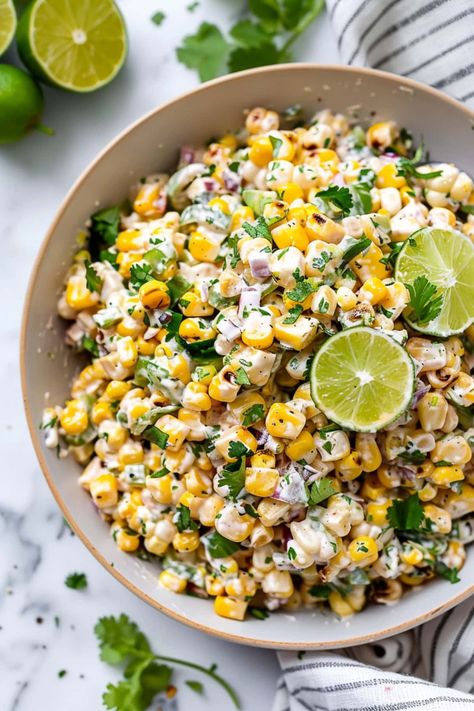 Cojita Corn Salad, Essen, Mexican Corn Bowl, Grilled Corn Mexican Style, Corn Goat Cheese Salad, Mexican Side Salad Recipes, Corn Salad Recipe Mexican, Summer Food Sides, Steak And Corn Salad