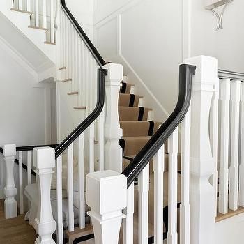 Black Handrail, Light Stained Wood, Black Staircase, White Staircase, Staircase Runner, Wood Handrail, Handrail Design, White Molding, Staircase Handrail