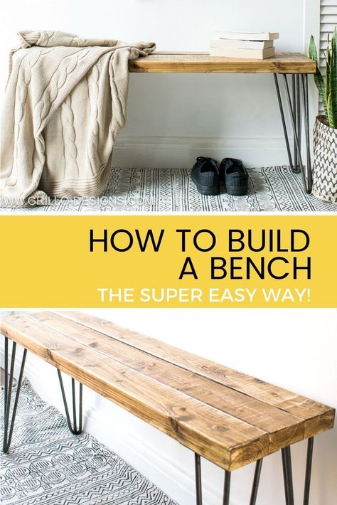 Learn how to build a bench for your home. Using 2 x 4 wood and hairpin legs. Easy bench plans included / Grillo Designs www.grillo-designs.com Build A Bench, Diy Bank, Zimmer Diy, Koti Diy, Diy Crate, Sliding Drawers, Woodworking Bench Plans, Carpentry Projects, Bench Ideas