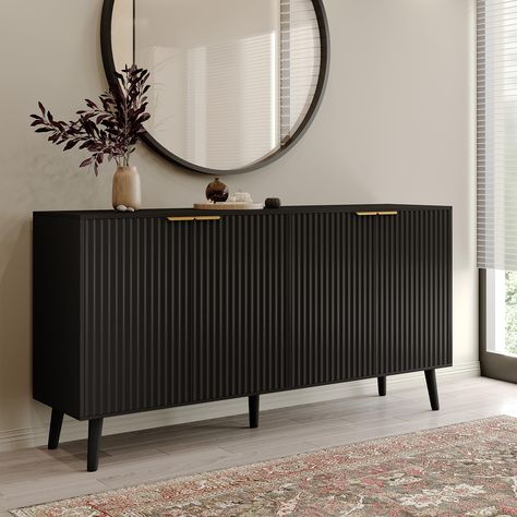 PRICES MAY VARY. [Modern Ripple Design] The Sideboard Buffet Cabinet features a stylish Scandinavian fluted design that adds a sense of flow and movement to your room. Its modern simplicity seamlessly blends style and function, making it an ideal choice for home storage. [Plenty of Space] With a large tabletop and four-door storage, this credenza accent cabinet provides ample space for all your storage needs. The adjustable shelves allow you to organize your items efficiently and make the most o Ikea Buffet Cabinet, Black Sideboard In Dining Room, Black And Gold Cabinet, Fluted Sideboard, Shelves Entryway, Living Room Credenza, Sideboard With Mirror, Rustic Entryway Table, Dining Room Design Luxury