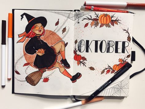 Illustration Deckblatt Oktober Halloween Bujo, October Journal, Bujo Themes, Bujo Cover, Campus Activities, Inner Witch, Wreck This Journal, Bullet Journal Notebook, Bullet Journal Design Ideas