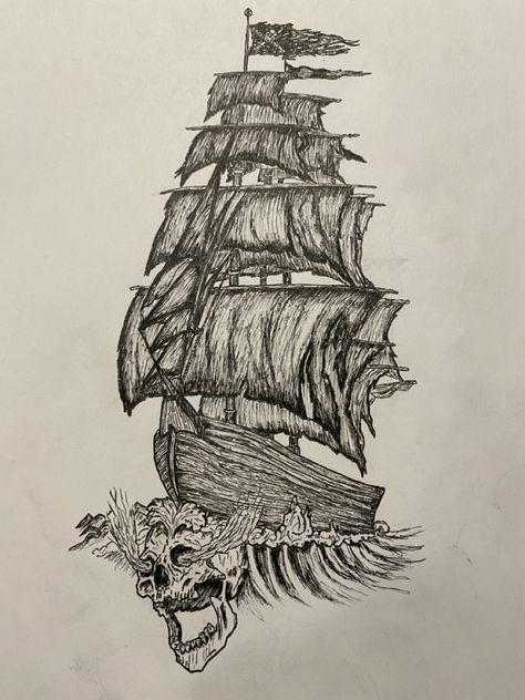 Ghost Ship Drawing, Drawing White On Black, Ship Sketch, Pirate Ship Art, Small Sketchbook, Pirate Tattoo, Ship Tattoo, Ghost Ship, Ship Drawing