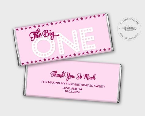 Pink First Birthday Party, First Birthday Party Favor, Pink First Birthday, Candy Wrapper, Diy Print, Chocolate Wrappers, Custom Candy, The Big One, Text Print