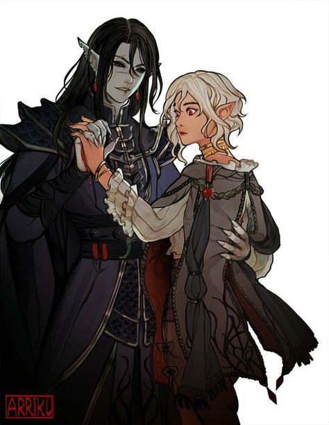 Elf X Human Couple, Dnd Casual Clothes, Dnd Siblings, Botanist Character Design, Vampire Dnd Character, Dnd Group Art, Dnd Romance, Drow Oc, Dnd Couple